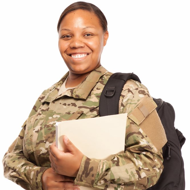 Smiling Female Veteran in Combat Fatigues with Backpack and Books